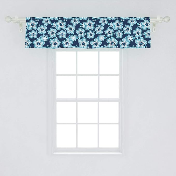 Ambesonne Aloha Window Valance, Hibiscus Hawaiian Tropical Island Flowers Petals and Buds Leaves Art Print, Curtain Valance for Kitchen Bedroom Decor with Rod Pocket, 54" X 12", Dark Blue Sky Blue