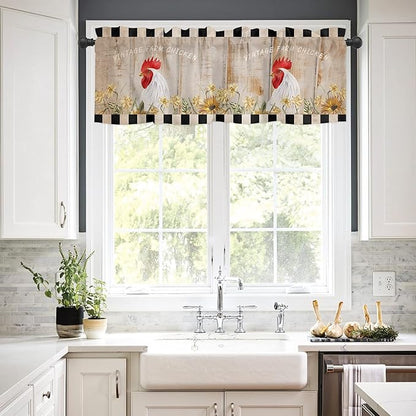 Valance Curtains for Kitchen Window, Sunflower Vintage Farm Chicken Rod Pocket Valances Window Treatments Black White Plaid Short Curtains for Bedroom/Living Room,54" X 18" -1 Panel,