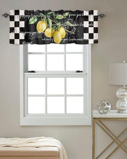 Vandarllin Summer Tropical Lemon Kitchen Curtains Valances for Windows Buffalo Plaid Black White Rod Pocket Window Treatment for Kitchen/Living Room/Bedroom/Bathroom,60" X 18" -1 Panel,