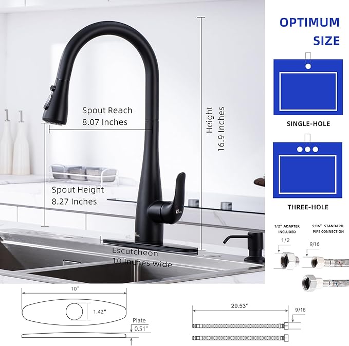 Touch on Kitchen Faucet with Soap Dispenser and Pull Down Sprayer - Single Handle Kitchen Sink Faucet, 1 or 3 Hole Design for Modern Farmhouse Kitchens, Rv, and Bar Sinks(Matte Black)