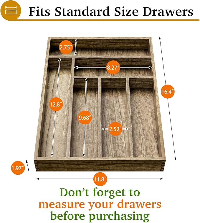 Acacia Wood Silverware Drawer Organizer, Kitchen Utensil Cutlery Drawer Organizer with Dividers, Flatware Organizer, Silverware Tray Holder for Spoons, Forks, 11.8''x16.5'' (6 Slots)