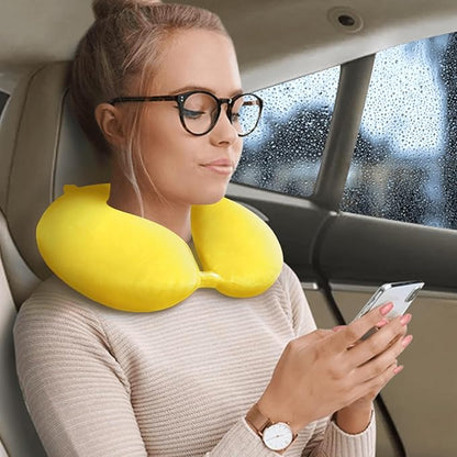 Travel Neck Pillow Airplane, Soft Memory Foam Support Head Neck Chin, with Removale Cover and Adjustable Snap Button, Comfortable Sleeping in Plane Car Train Traveling Office Home, Yellow