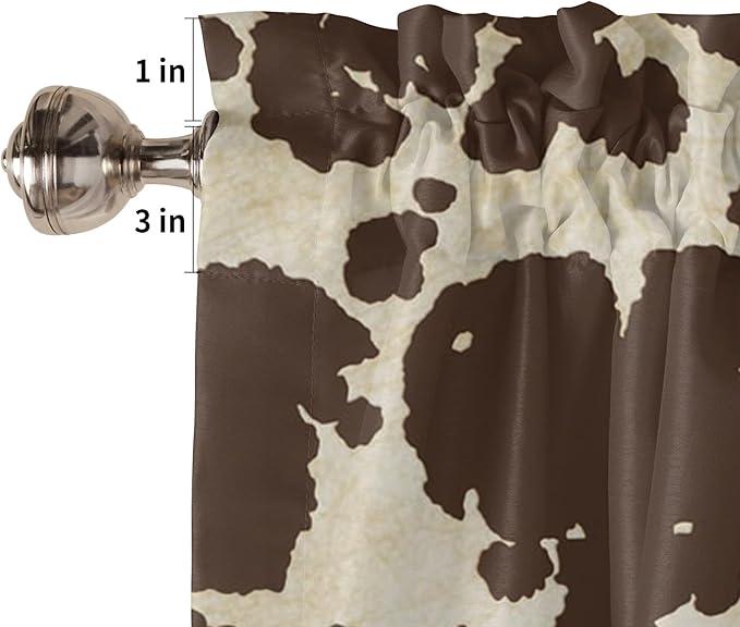 Vandarllin Kitchen Curtains and Valances Set,Brown Cowhide Cow Print Window Treatments Tiers Graffie Semi Sheer Half/Short Curtains for Small Windows Cafe/Living Room/Bedroom 54x36 in, 3-Piece