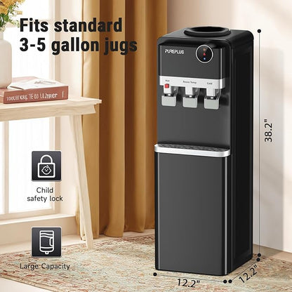 PUREPLUS Top Loading Water Cooler Dispenser, Water Cooler for 3 or 5 Gallon Bottles, Hot & Cold Water, 3 Temperature Settings with Child Safety Lock, Removable Drip Tray for Home, Office, & More