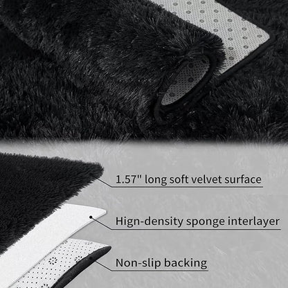 Area Rug 2x6 Rug Runner Faux Fur Fluffy Rug for Bedroom Extra Soft Fuzzy Rugs Plush Shaggy Throw Carpet for Nursery Kids Room Non Slip Non Shedding Entryway Mat for Hallway,Home Decor Rug,Black