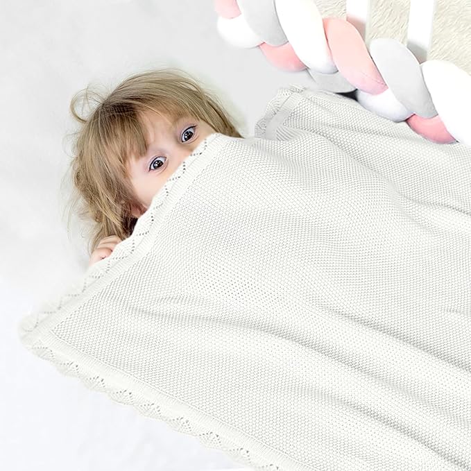 100% Cotton Baby Blanket Knit Lace Soft Warm Toddler Blanket,30 x 40 Inches，White