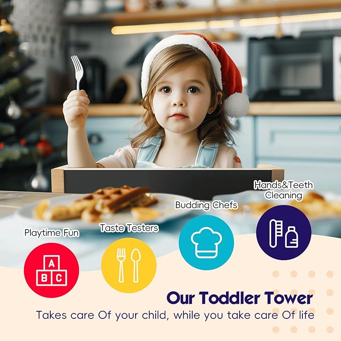 Toddler Tower - 3 in 1 Toddler Kitchen Stool Helper & Learning Tower,Montessori Standing Foldable Wooden Kitchen Step Stool,with Chalkboard and Anti-Slip Pad for Kids Kitchen Counter Learning