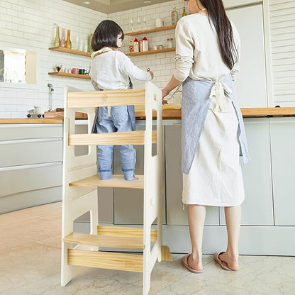 WOOD CITY Kitchen Step Stool - Safe Montessori Standing Tower for Kids with Safety Rail, Height Adjustable Toddler Ideal Helper for Learning New Skills, Anti-Slip Protection for Bathroom - White