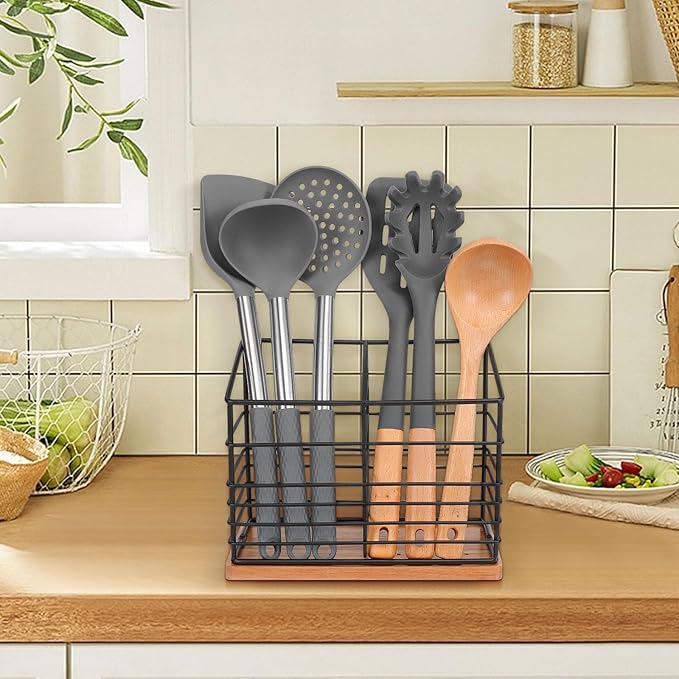 Utensil Holder for Kitchen Counter, Metal Utensil Holder Rack for Kitchen Countertop, Cooking Tools Storage for Spatula, Utensil Organizer with Sturdy Base, and Drainage Hole (Black Wooden)