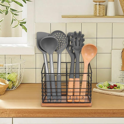 Utensil Holder for Kitchen Counter, Metal Utensil Holder Rack for Kitchen Countertop, Cooking Tools Storage for Spatula, Utensil Organizer with Sturdy Base, and Drainage Hole (Black Wooden)