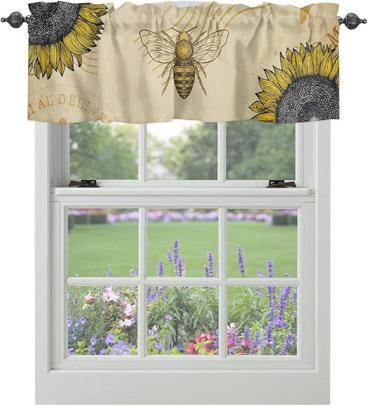 Vintage Sunflower Bee Kitchen Curtains Valances for Windows Summer Rod Pocket Window Treatment for Kitchen/Living Room/Bedroom/Bathroom,42" X 12" -1 Panel, Yellow