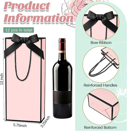 12 Pcs Wine Gift Bag with Ribbon Bow Reusable Liquor Bag with Foil Print Wine Bag Elegant Thank You Wine Gift Bag for Christmas Valentine's Day Wedding Shower Birthday Holiday (Pink Black)