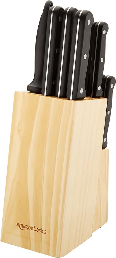 Amazon Basics 14-Piece Kitchen Knife Set with High-Carbon Stainless-Steel Blades and Pine Wood Block, Black