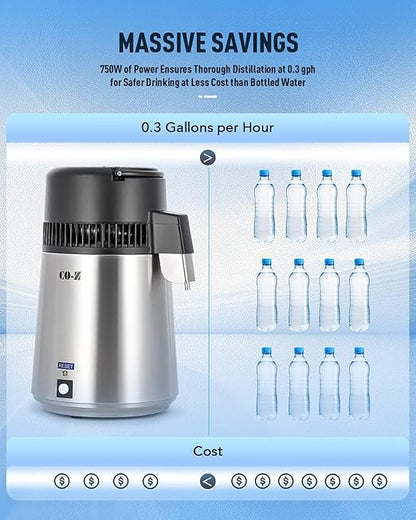 CO-Z 304 Stainless Steel Water Distiller, 4L 750W Countertop Home Tabletop Distiller Water Making Machine, Distill Distilling Water Purifier Distillers, Distilled Clean Water Maker, Pure Water Maker