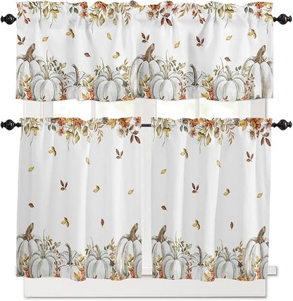 Vandarllin Fall Floral Leaves Kitchen Curtains and Valances Set, Thanksgiving Pumpkins Small Windows Treatments Tiers Half/Short Curtains for Cafe/Living Room/Bedroom 54x24 in-, Boho