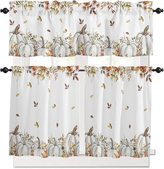 Vandarllin Fall Floral Leaves Kitchen Curtains and Valances Set, Thanksgiving Pumpkins Small Windows Treatments Tiers Half/Short Curtains for Cafe/Living Room/Bedroom 54x24 in-, Boho