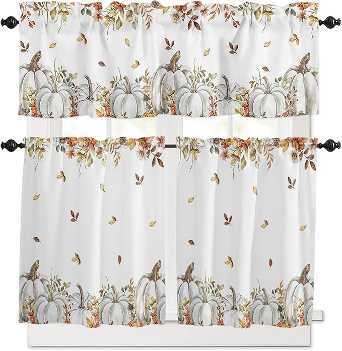 Vandarllin Fall Floral Leaves Kitchen Curtains and Valances Set, Thanksgiving Pumpkins Small Windows Treatments Tiers Half/Short Curtains for Cafe/Living Room/Bedroom 54x 36 in-, Boho