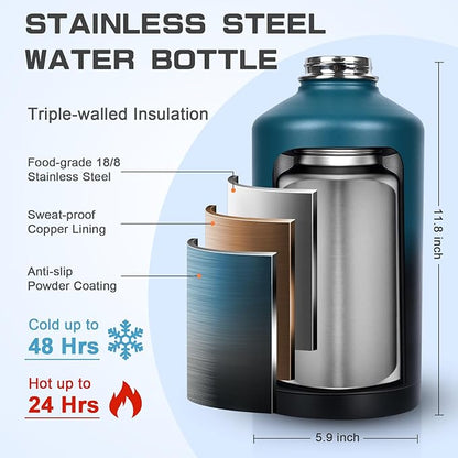 1 Gallon Water Bottle Insulated, Leak Proof 128 oz Stainless Steel Water Jug with Straw/Spout 2-in-1 Lid, Sleeve, Paracord Handle, Silicone Boot, One Gal Metal Canteen for Gym Sport Camping