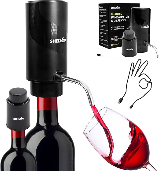 Electric Wine Aerator and Vacuum Bottle Stopper Preserver - USB Rechargeable Automatic Drink Dispenser Decanter Instantly Pours Flavor-Rich White and Red Wine Perfect for Home, Bar, Wine-lovers Gift