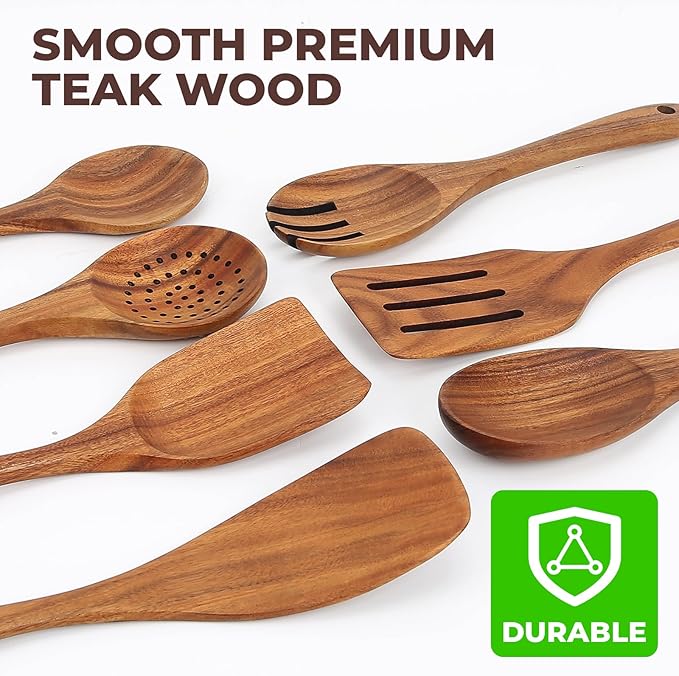 9 Pcs Wooden Kitchen Utensil Set, Wooden Spoons for Cooking, Wooden Cooking Spoons with Nonstick Spatula Set, Teak Wooden Utensil Set With Holder & Spoon Rest