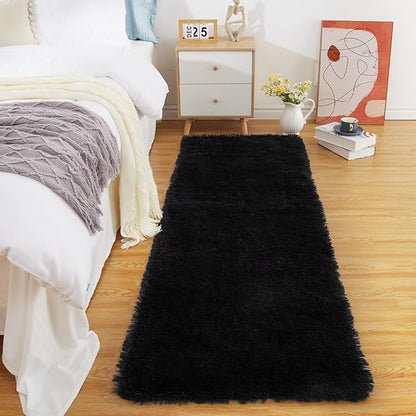 Area Rug 2x6 Rug Runner Faux Fur Fluffy Rug for Bedroom Extra Soft Fuzzy Rugs Plush Shaggy Throw Carpet for Nursery Kids Room Non Slip Non Shedding Entryway Mat for Hallway,Home Decor Rug,Black