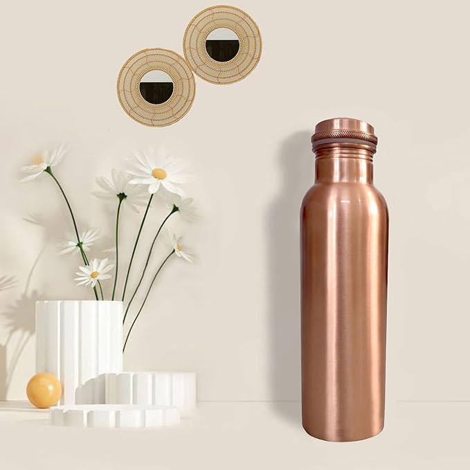 Copper Water Bottle 30 oz- 100% Pure Copper Bottle for Drinking Water Leak Proof Joint Less Indian Water Drinking Copper Bottle 900 ml for Home, Office, Hotel and Sports