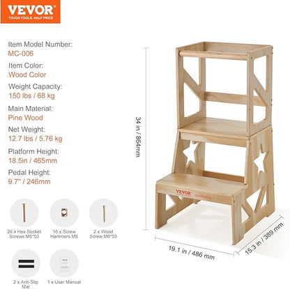 VEVOR Toddler Step Stool for Kids, Natural Pine Wood Toddler Kitchen Stool Helper with Safety Rail, 150LBS Loading Capacity Standing Tower Learning Stool for Bedroom Bathroom Kitchen Counter