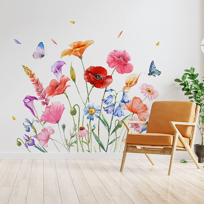 Zonon Flowers Wall Decals Vinyl Dragonflies Flowers Wall Stickers Removable Floral Wall Murals Peel and Stick Colorful Flower Wall Decor for Bedroom Living Room Nursery(Exquisite)