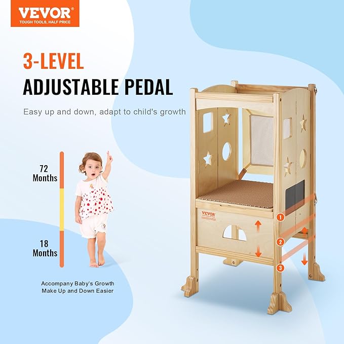 VEVOR Folding Step Stool for Toddlers, Adjustable 3-Height Kids Kitchen Helper, Natural Solid Wood Standing Tower Learning Stool with Safety Guard for Bedroom Bathroom, 125LBS Loading