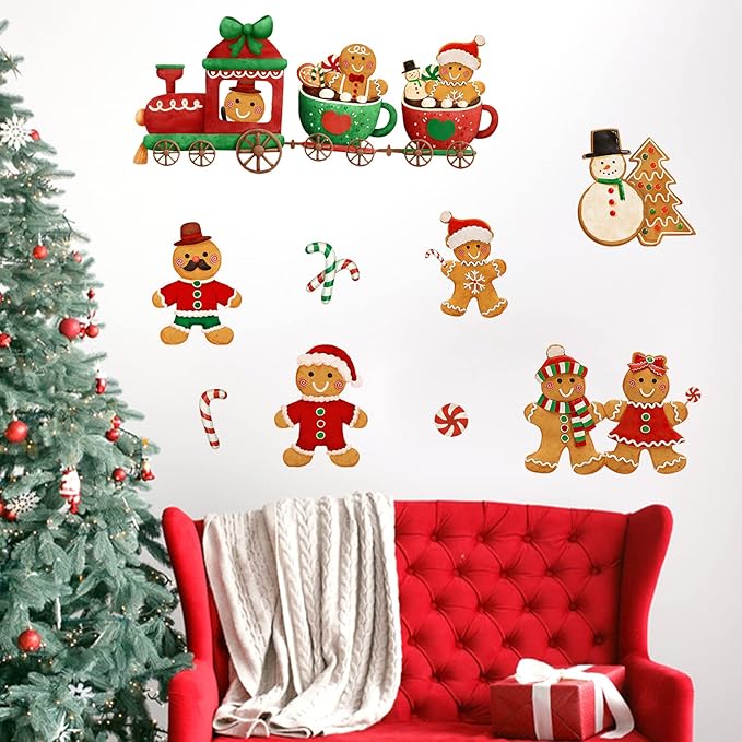 Yovkky Christmas Gingerbread Man Wall Decals Stickers, Xmas Snowman Santa Claus Winter Home Bedroom Decor, 2025 New Year Candy Cane Peppermint Cookie Kitchen Living Room Decorations Art Holiday Gift