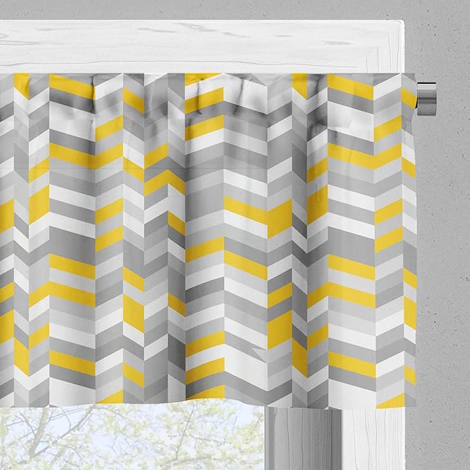 Ambesonne Grey and Yellow Valance & Tier Curtain 3 pcs Set, Geometric Vintage 60s Home Pattern Inspired Herringbone Zig Zag Lines, Window Treatments for Kitchen Room Decor, 55" x 24", Yellow Grey