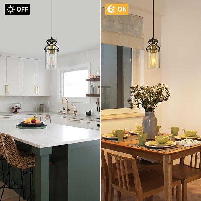 Modern Pendant Light Fixture Farmhouse Hanging Light with Clear Glass Shade, Industrial Black and Gold Pendant Lighting for Kitchen Island Dining Room Bedroom