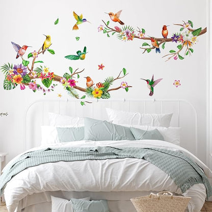 Zonon Flowers Wall Decals Vinyl Dragonflies Flowers Wall Stickers Removable Floral Wall Murals Peel and Stick Colorful Flower Wall Decor for Bedroom Living Room Nursery(Hummingbirds)