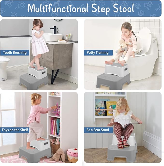 2 Step Stool for Kids and Toddler,Anti-Slip Sturdy Bathroom Toilet Step Stools,Double up Step Stool with Soft Grips,for Potty Training,Sink,Kitchen(Gray)