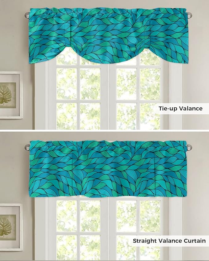 Tie Up Valance for Kitchen Living Room Farmhouse - Abstract Wave Ripple Bule Green Rod Pocket Adjustable Tie-up Shade Valance for Small Window, Window Valance Balloon Drape for Bathroom 42x18 inches