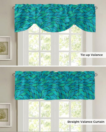 Tie Up Valance for Kitchen Living Room Farmhouse - Abstract Wave Ripple Bule Green Rod Pocket Adjustable Tie-up Shade Valance for Small Window, Window Valance Balloon Drape for Bathroom 54x18 inches