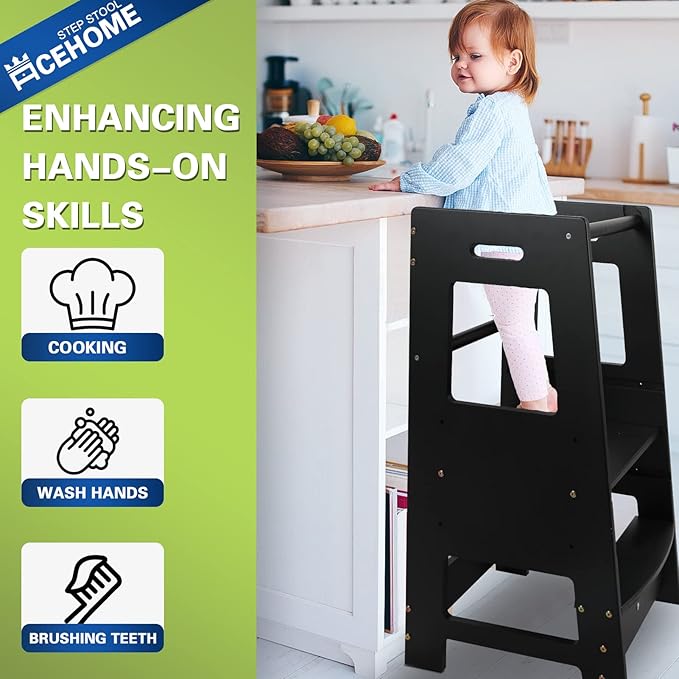 Toddler Kitchen Stool, Toddler Tower with Safety Rail, Toddler Stool for Kitchen Counter, Adjustable Height Little Helper Tower, Kitchen Stool for Toddlers 18 Months and Older, Black