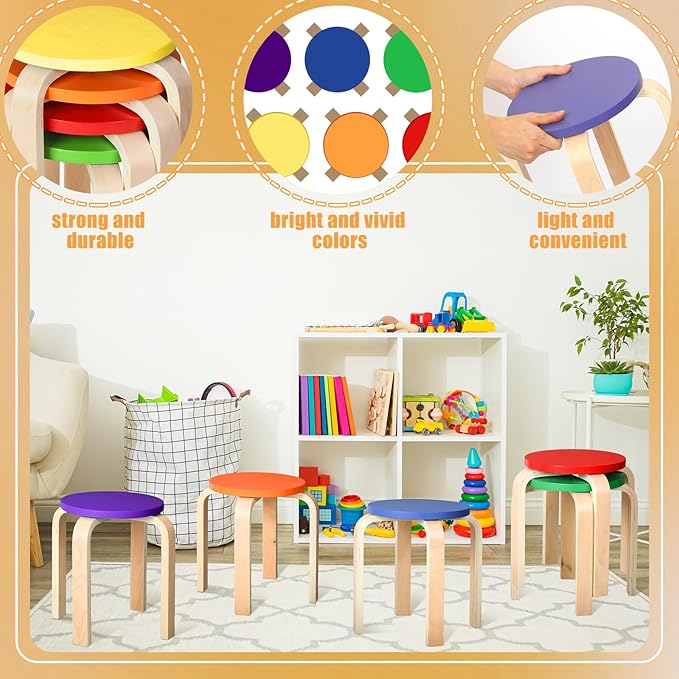 6 Pcs 12 Inch Bentwood Stacking Stool for Kids Colored Durable Round Nesting Stool Flexible Wood Stackable Stool Chairs for Playroom Daycare Home Classroom (Classic Color)