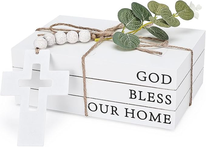 Decorative Books for Home Decor, Fake Books for Decoration, Wooden Faux Books for Decoration, Farmhouse Book Decor (GOD Bless Our Home)