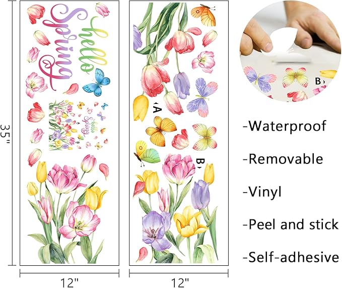 Mfault Hello Spring Wall Decals Stickers, Tulip Flower Butterfly Decorations Bedroom Art, Floral Seasonal Home Kitchen Decor Party Supplies