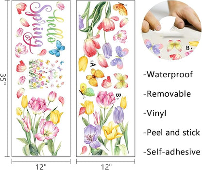 Mfault Hello Spring Wall Decals Stickers, Tulip Flower Butterfly Decorations Bedroom Art, Floral Seasonal Home Kitchen Decor Party Supplies