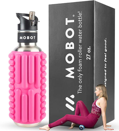 MOBOT Portable Travel Foam Roller Water Bottle with Sip Straw, Stainless Steel Screw Lid | Insulated Sports Water Bottle and Foam Rollers for Yoga, Workout, Home Gym, & Exercise 27oz. (Pink)