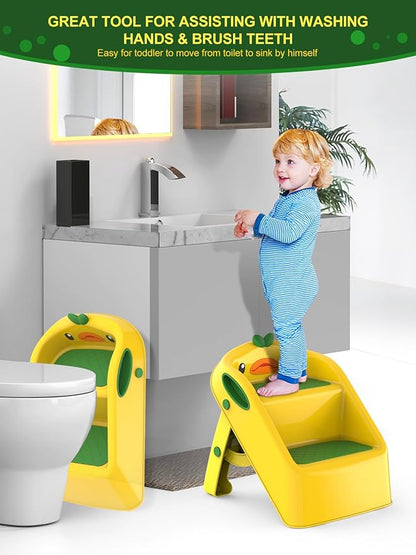 Toddler Kids Step Stool for Kitchen Bathroom Sink, Green & Yellow | Dual Height 11" Child Kid 2 Step Stool Toilet Potty Training Kitchen Helper - Foldable - Save Space, Easy to Move, Slip-Resistant