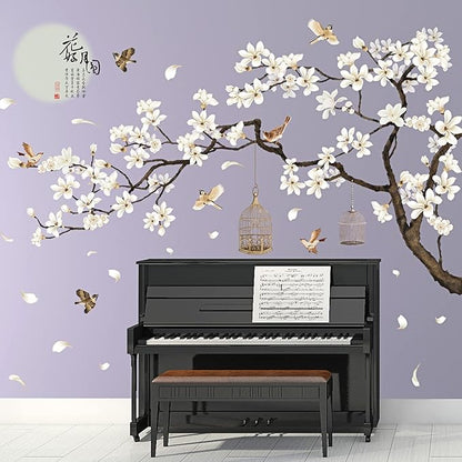 Chinese Style White Flowers Black Tree and Flying Birds Wall Stickers Removable DIY Wall Art Decor Decals Murals for Offices Home Walls Bedroom Study Room Wall Decaoration, 50inchx74inch