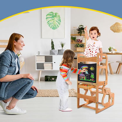 Toddler Tower Kitchen Stool Helper-Montessori Standing with Chalkboard, 3 in 1 Step Stools for Kids Back, Learning Wooden Kitchen, Free Hands, Easy Assembly Playing Toys or Studying