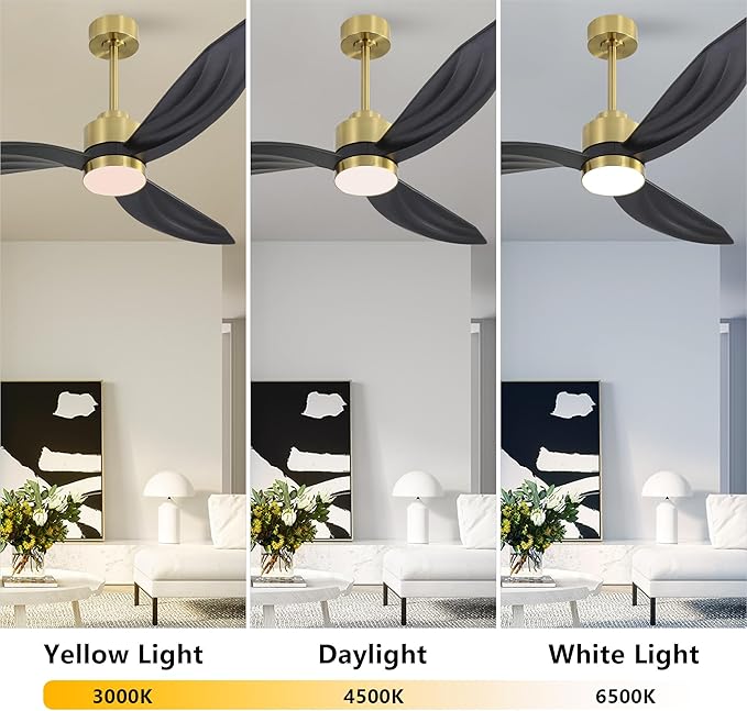 52" Wood Ceiling Fan with Lights and Remote Control, 3 Blades 6-Speed Dimmable Light Reversible DC Motor Ceiling fan for Kitchen Bedroom Dining Living Room, Black Wood Blades with Gold