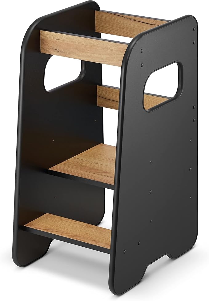 Toddler Tower - Kitchen Step Stool Helper with Rubberized Edges - Stylish Standing Tower for Learning Skills - Height Adjustable, Oak&Black