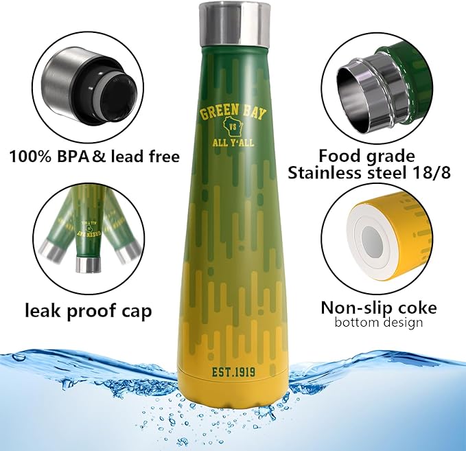 16oz Green Bay Stainless Steel Insulated Water Bottles New Cola Shape Bottle, Reusable Water Bottle Leak Proof Metal Sports Water Bottle Thermos Cup