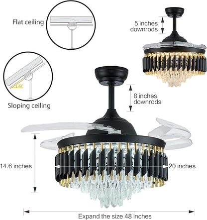 48" Black Chandelier Ceiling Fans with Lights Crystal Ceiling Fan Chandelier Ceiling Fan with Lights Retractable Blade Fandelier Bladeless Ceiling Fans for Dinning Room Living Room Kitchen Foyer