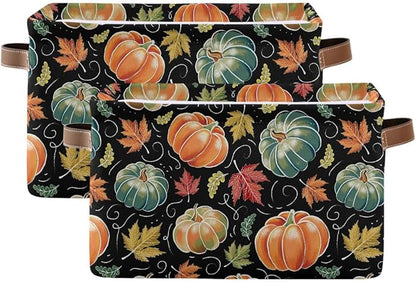 Pumpkin Black Storage Basket Fabric Kitchen Baskets Fall Maple Leaves Autumn Open Home Storage Bins Boxes Foldable Organizer Bag for Baby Cloth Pet Toy Book Shelf Closet Baskets 16×12×8 Inches